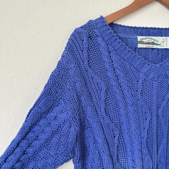 Aran Crafts Sweater Womens Large Blue Cable Knit Ireland Cotton Top L - Picture 5 of 9